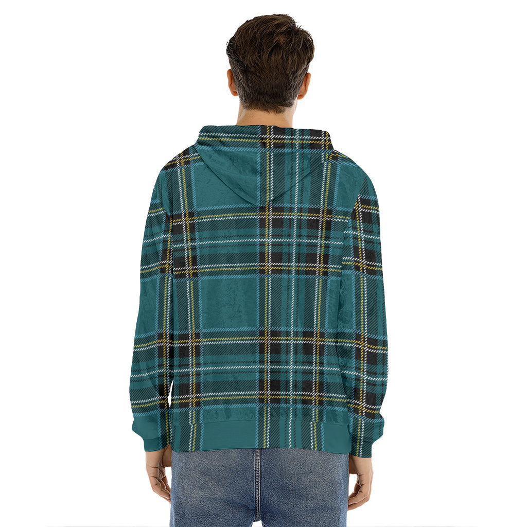 Teal Stewart Tartan Pattern Print Men's Velvet Pullover Hoodie