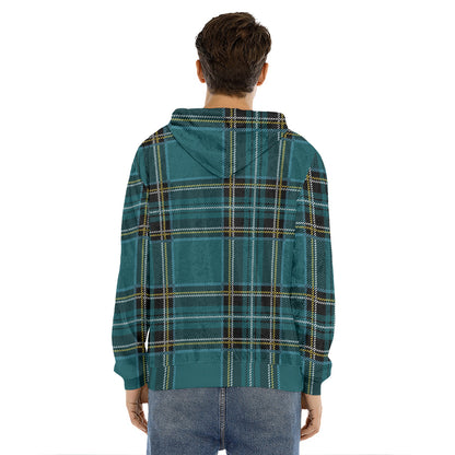 Teal Stewart Tartan Pattern Print Men's Velvet Pullover Hoodie