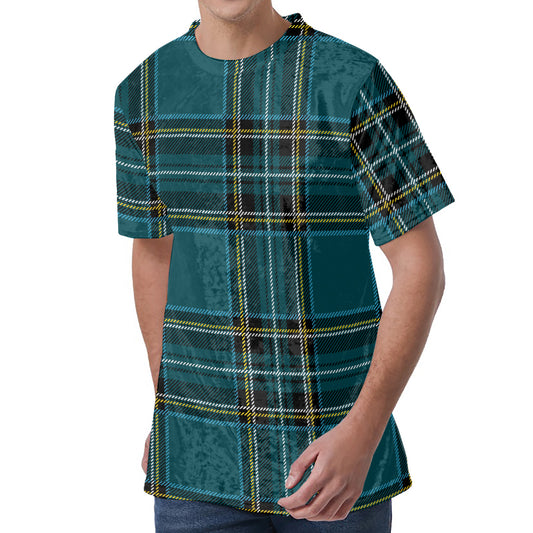 Teal Stewart Tartan Pattern Print Men's Velvet T-Shirt