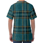 Teal Stewart Tartan Pattern Print Men's Velvet T-Shirt