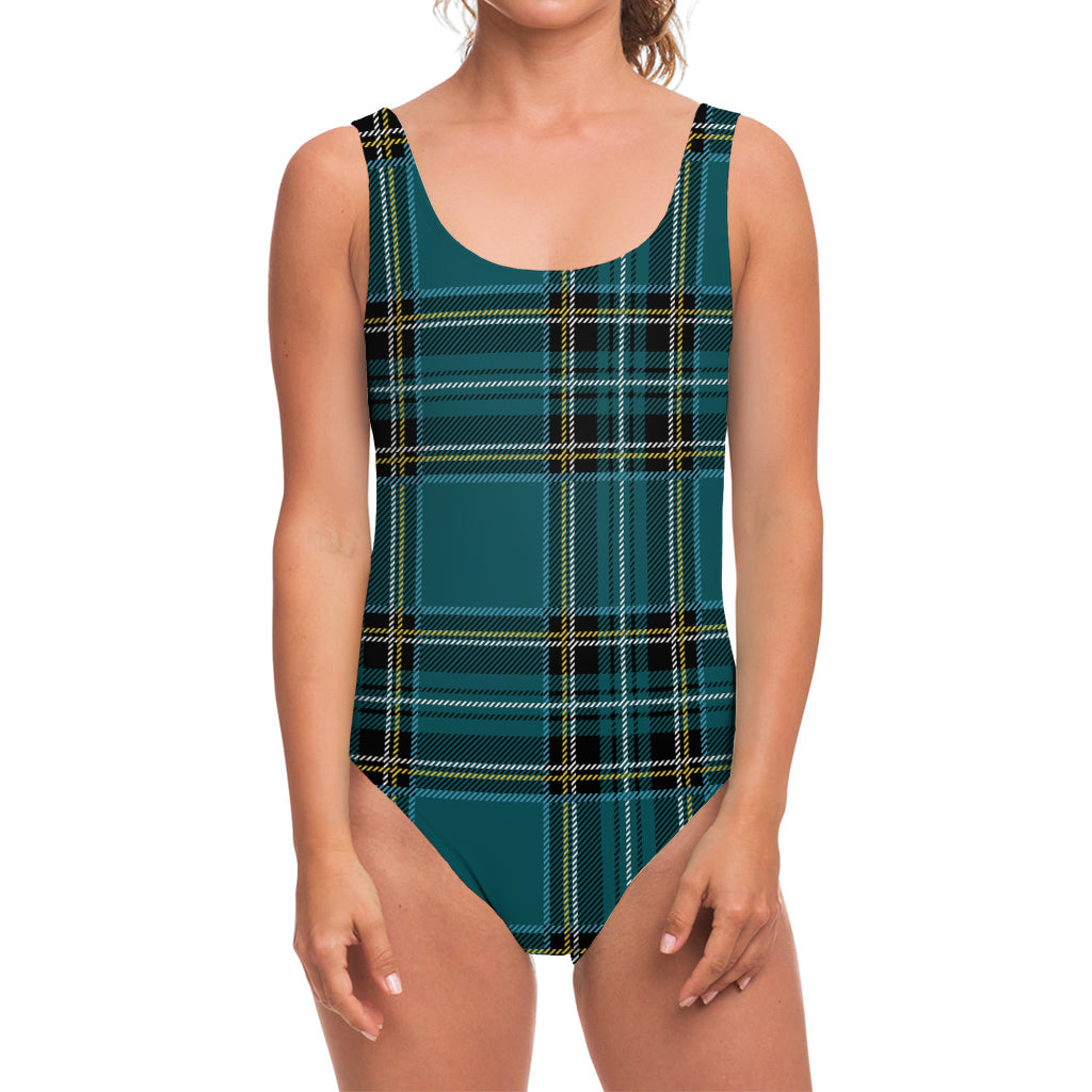 Teal Stewart Tartan Pattern Print One Piece Swimsuit