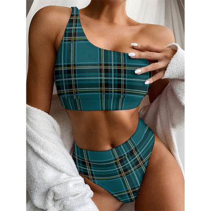 Teal Stewart Tartan Pattern Print One Shoulder Bikini Top