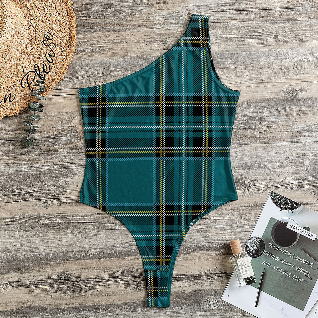 Teal Stewart Tartan Pattern Print One Shoulder Bodysuit