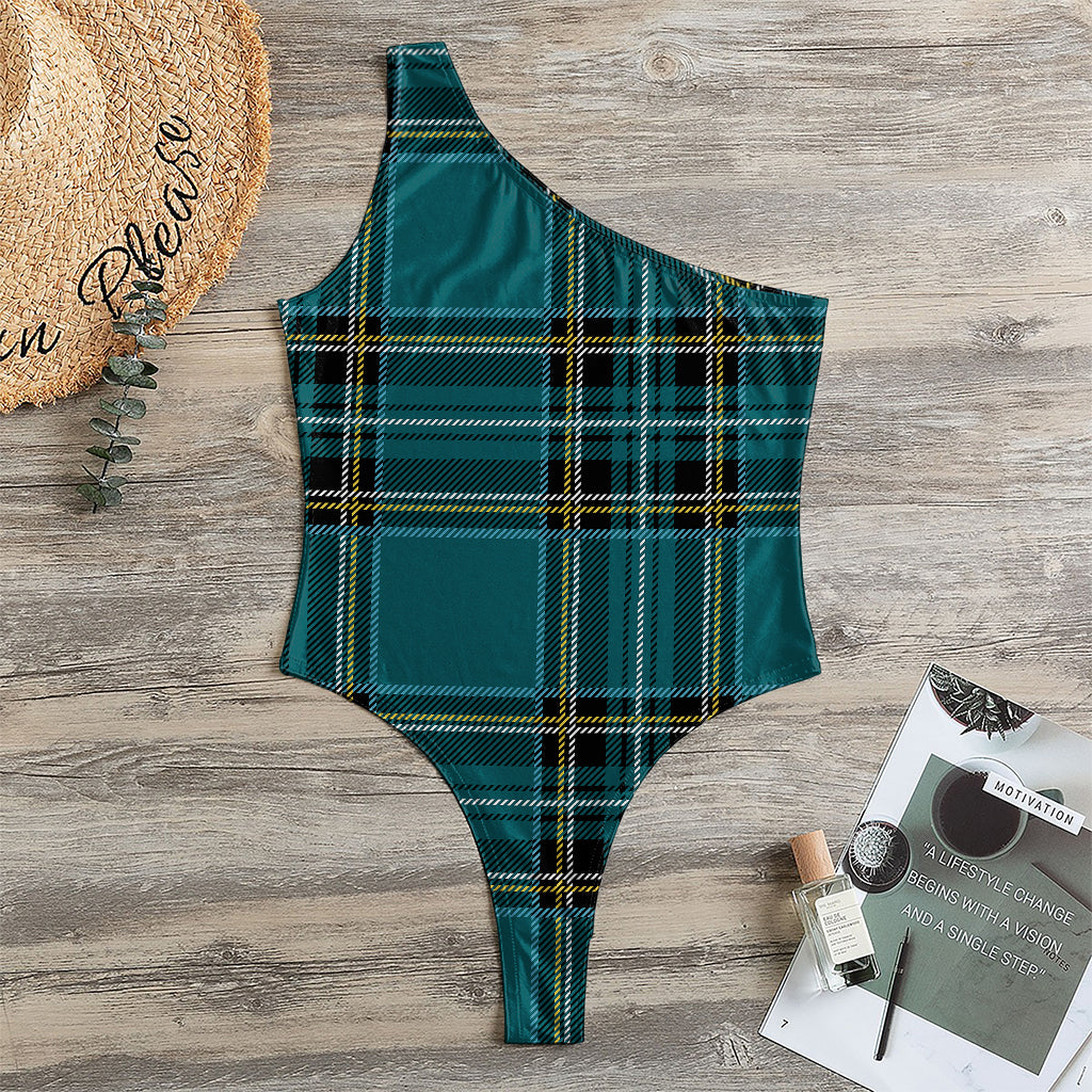 Teal Stewart Tartan Pattern Print One Shoulder Bodysuit