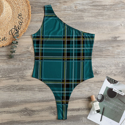 Teal Stewart Tartan Pattern Print One Shoulder Bodysuit