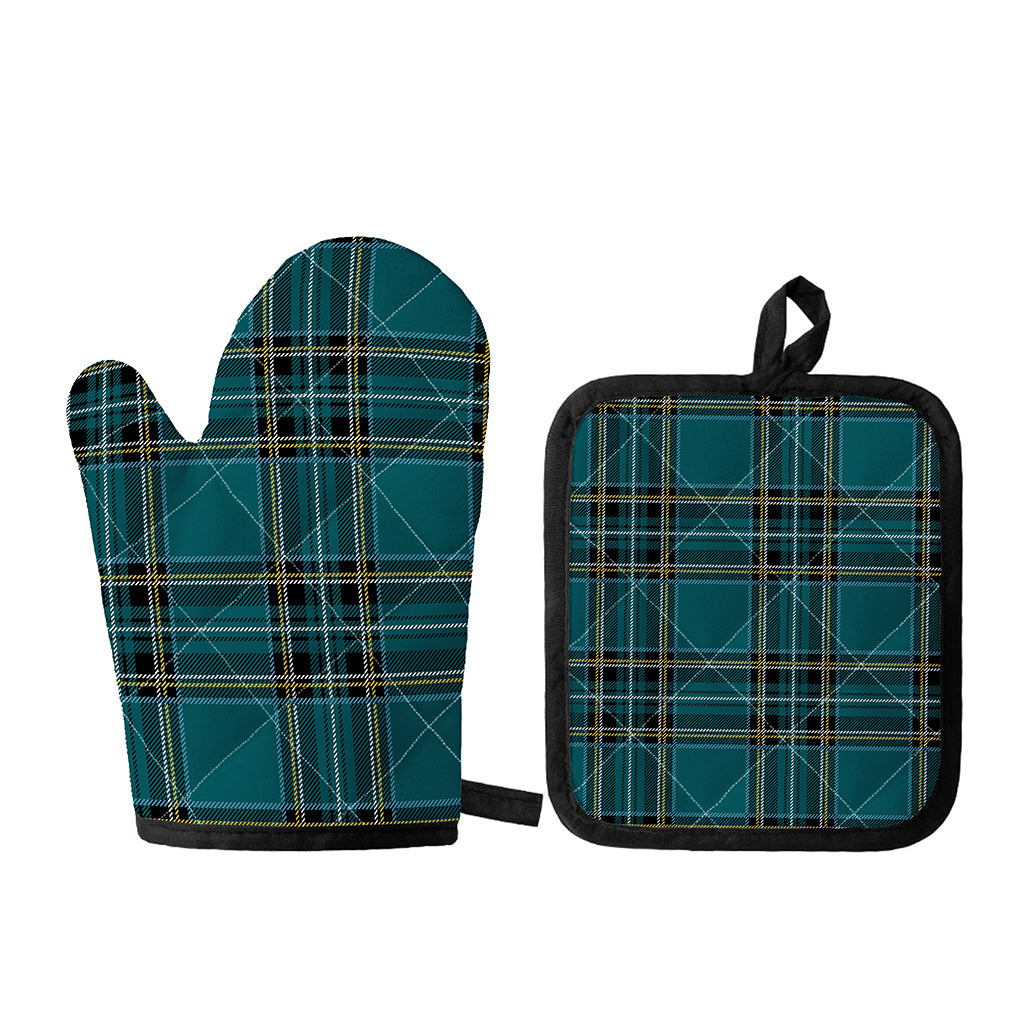 Teal Stewart Tartan Pattern Print Oven Mitt And Pot Holder Set