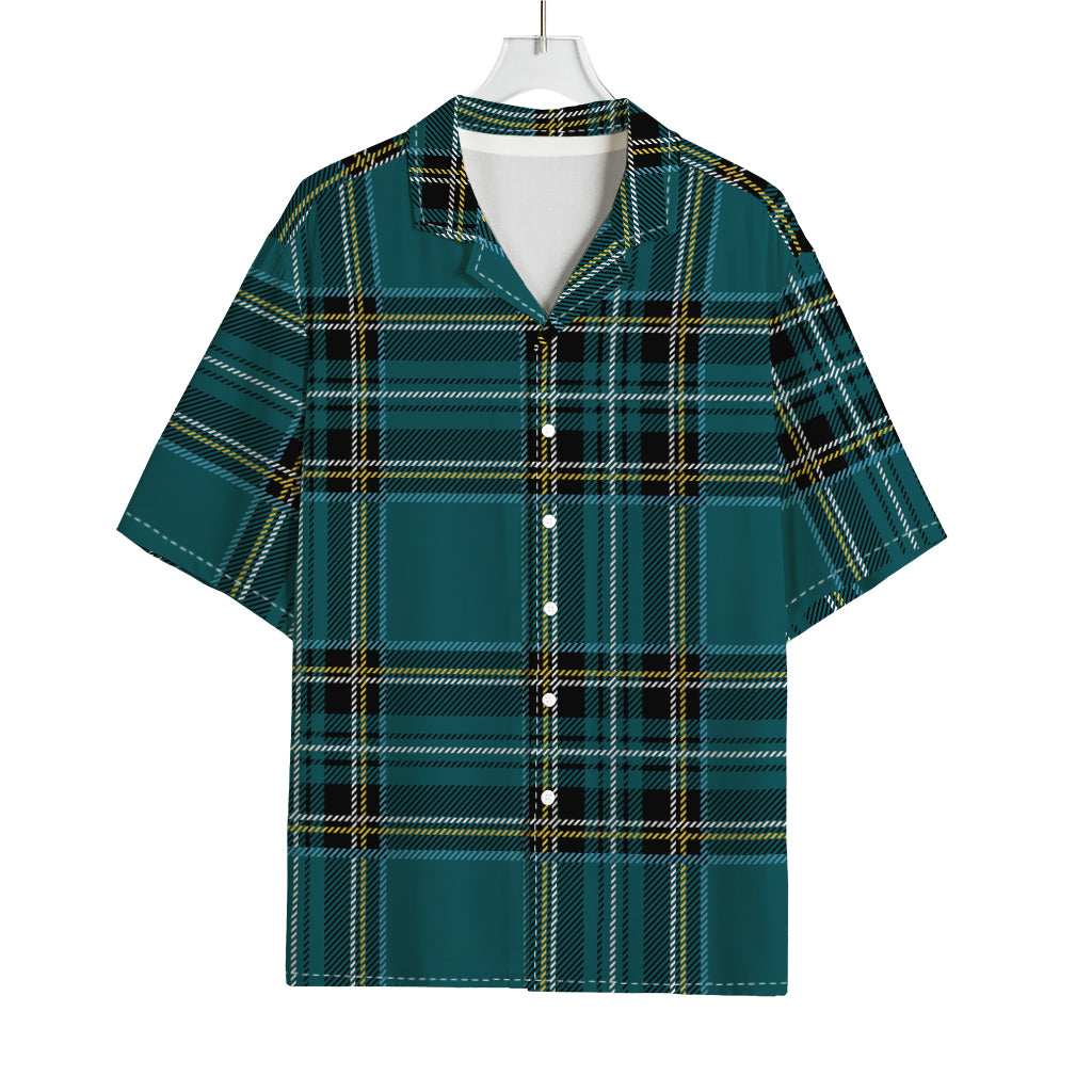 Teal Stewart Tartan Pattern Print Rayon Hawaiian Shirt