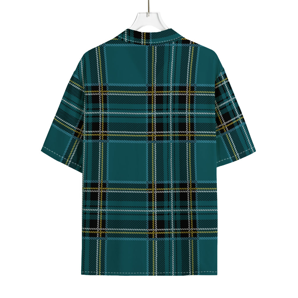Teal Stewart Tartan Pattern Print Rayon Hawaiian Shirt