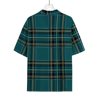 Teal Stewart Tartan Pattern Print Rayon Hawaiian Shirt