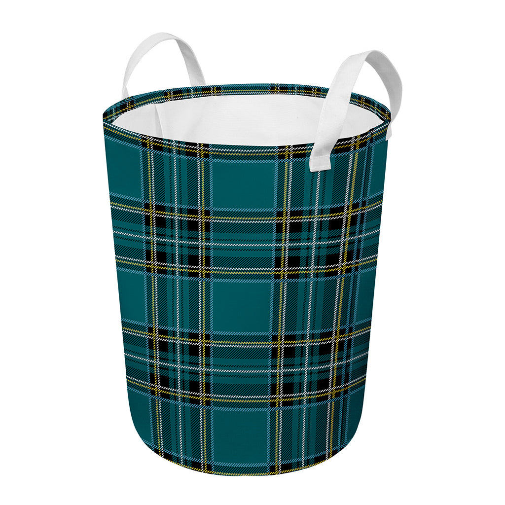 Teal Stewart Tartan Pattern Print Round Laundry Basket
