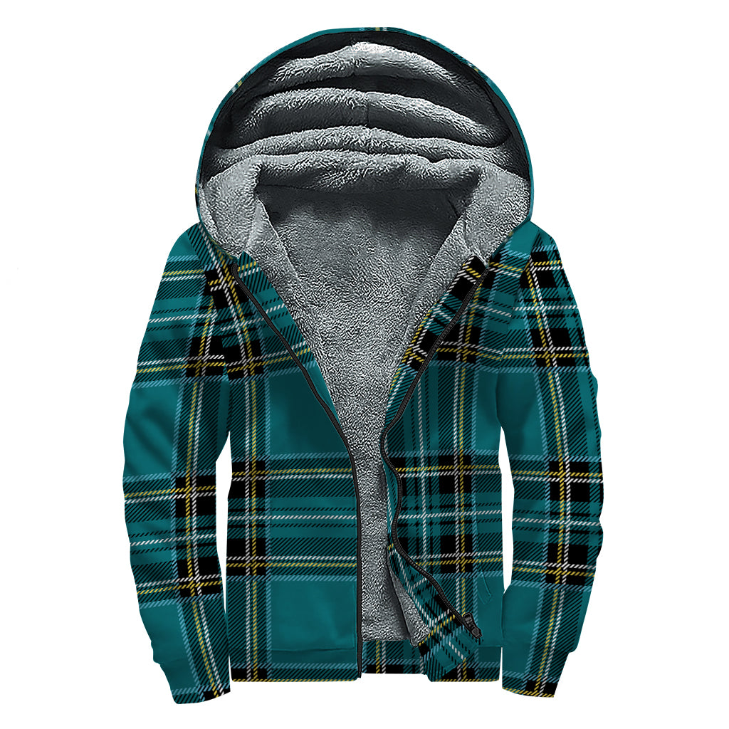 Teal Stewart Tartan Pattern Print Sherpa Lined Zip Up Hoodie