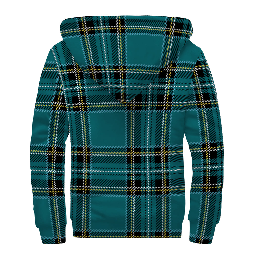 Teal Stewart Tartan Pattern Print Sherpa Lined Zip Up Hoodie