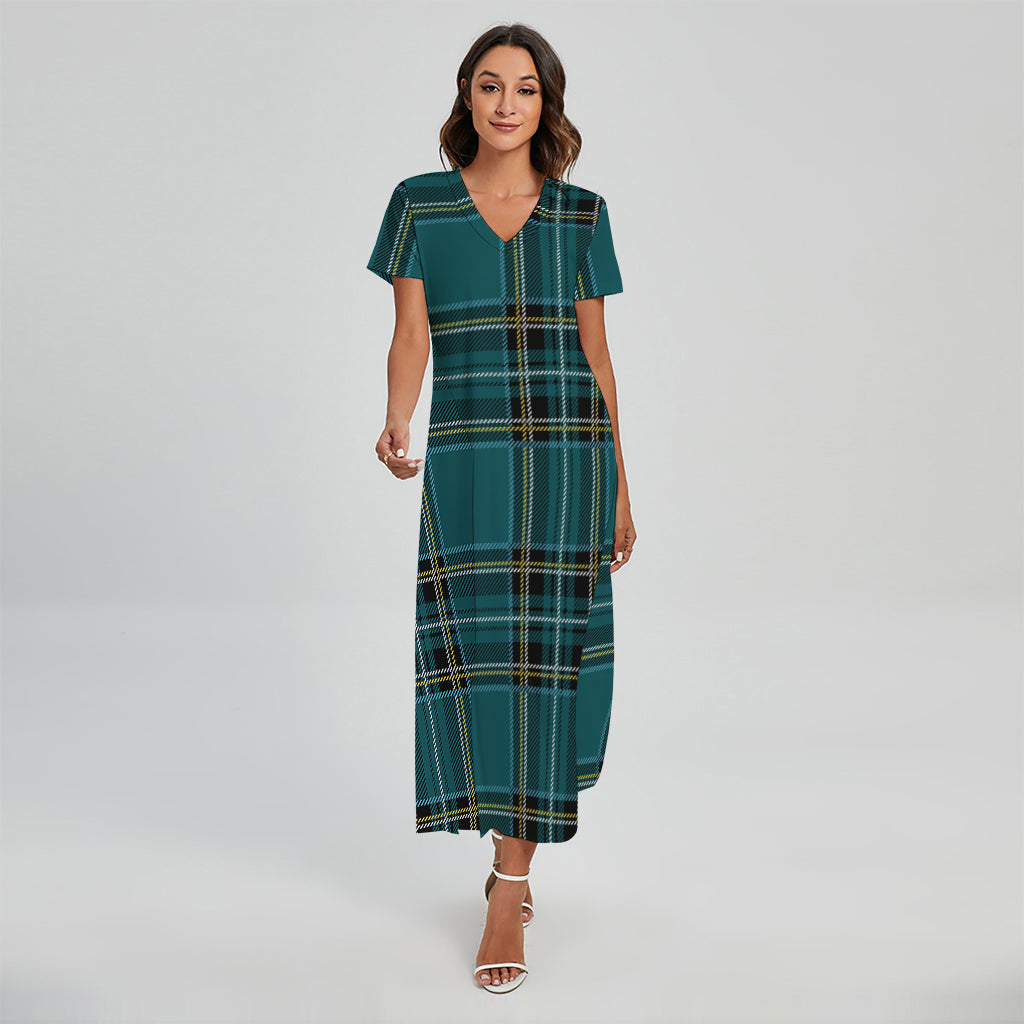 Teal Stewart Tartan Pattern Print Short Sleeve Maxi Dress