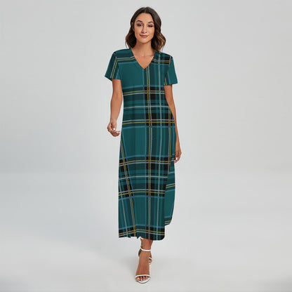 Teal Stewart Tartan Pattern Print Short Sleeve Maxi Dress