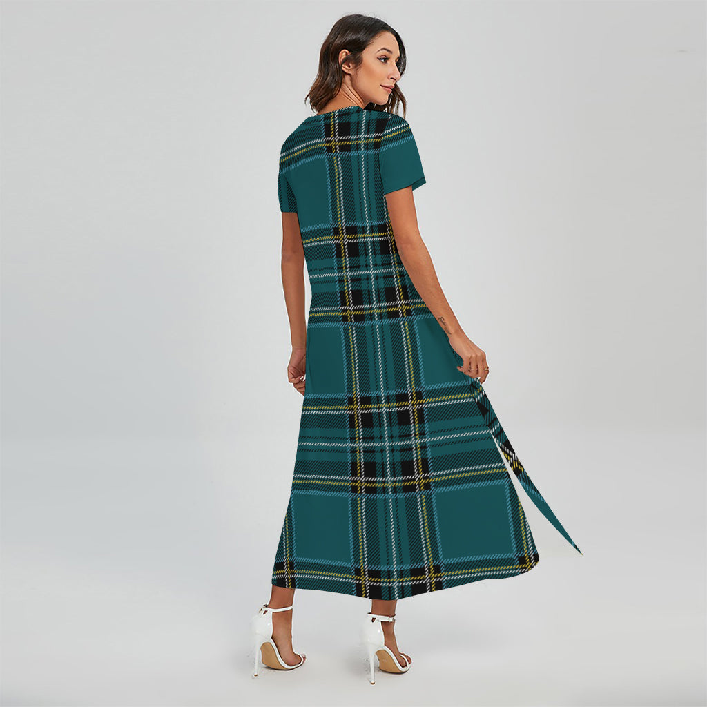 Teal Stewart Tartan Pattern Print Short Sleeve Maxi Dress