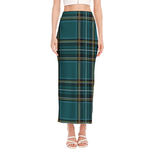 Teal Stewart Tartan Pattern Print Side Slit Maxi Skirt