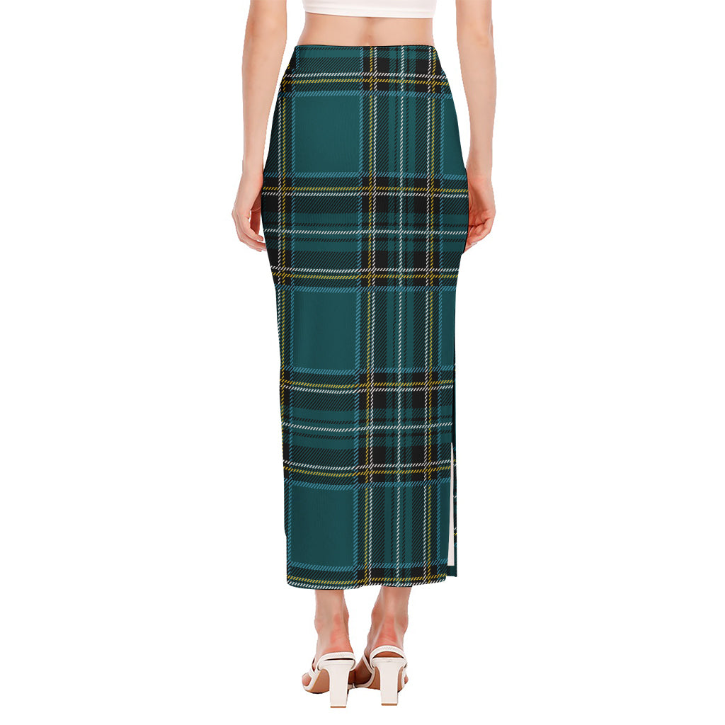 Teal Stewart Tartan Pattern Print Side Slit Maxi Skirt
