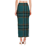 Teal Stewart Tartan Pattern Print Side Slit Maxi Skirt