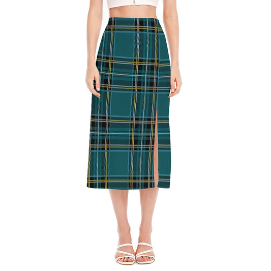 Teal Stewart Tartan Pattern Print Side Slit Midi Skirt