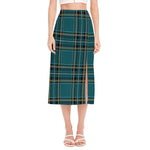 Teal Stewart Tartan Pattern Print Side Slit Midi Skirt