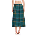 Teal Stewart Tartan Pattern Print Side Slit Midi Skirt