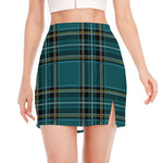 Teal Stewart Tartan Pattern Print Side Slit Mini Skirt