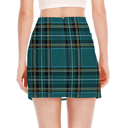 Teal Stewart Tartan Pattern Print Side Slit Mini Skirt