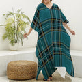 Teal Stewart Tartan Pattern Print Silk V-Neck Kaftan Dress