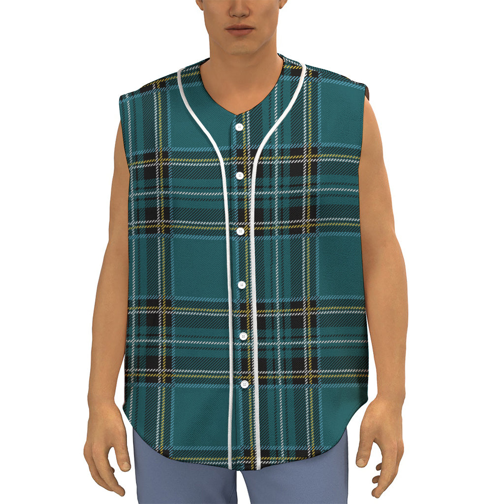Teal Stewart Tartan Pattern Print Sleeveless Baseball Jersey