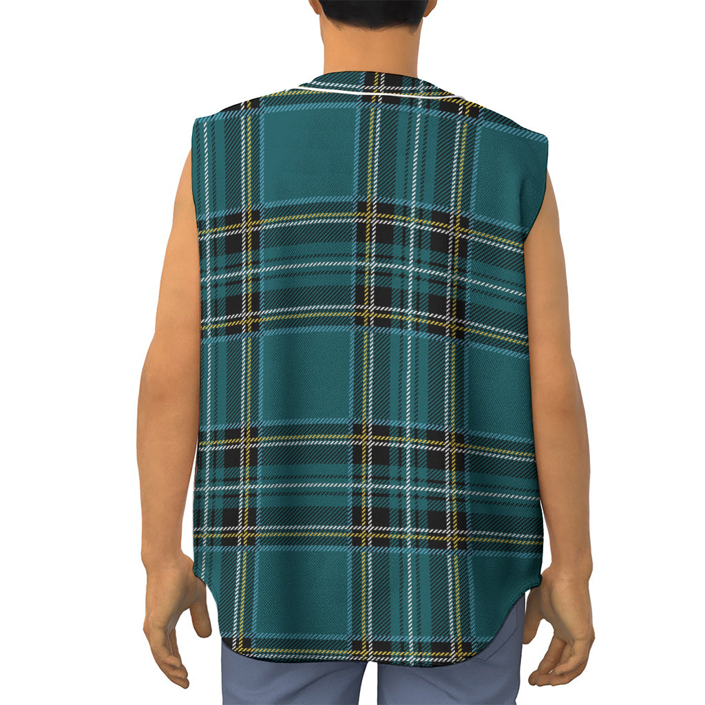 Teal Stewart Tartan Pattern Print Sleeveless Baseball Jersey