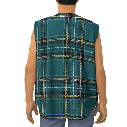Teal Stewart Tartan Pattern Print Sleeveless Baseball Jersey