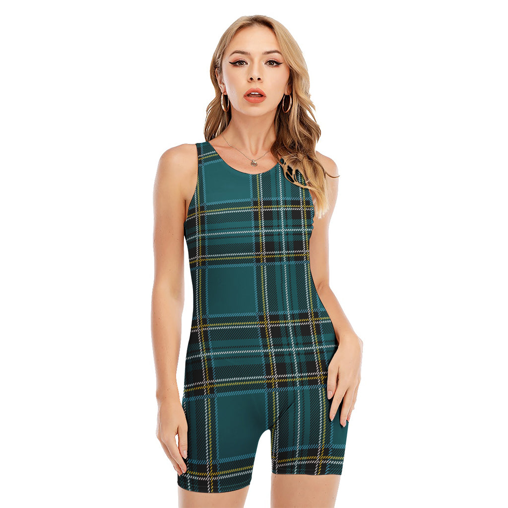 Teal Stewart Tartan Pattern Print Sleeveless One Piece Swimsuit