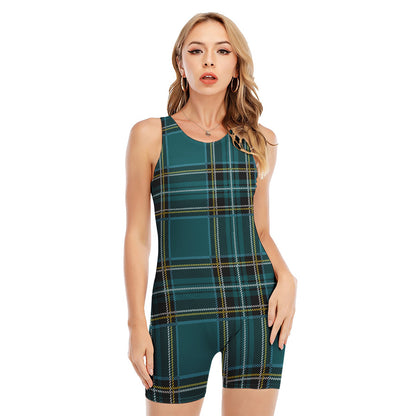Teal Stewart Tartan Pattern Print Sleeveless One Piece Swimsuit