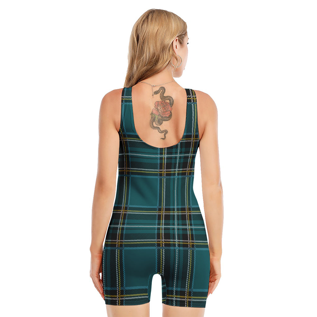 Teal Stewart Tartan Pattern Print Sleeveless One Piece Swimsuit
