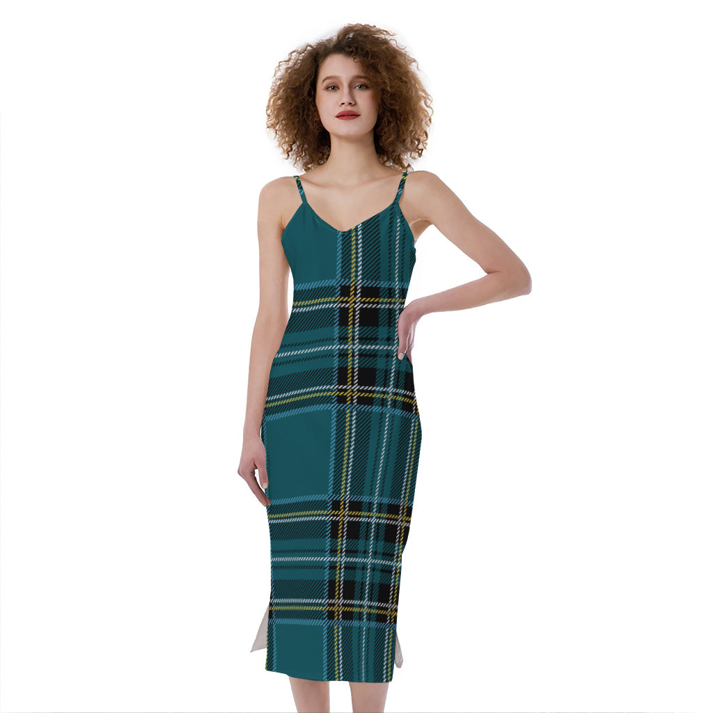 Teal Stewart Tartan Pattern Print Slim Fit Midi Cami Dress