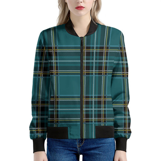 Teal Stewart Tartan Pattern Print Women's Bomber Jacket