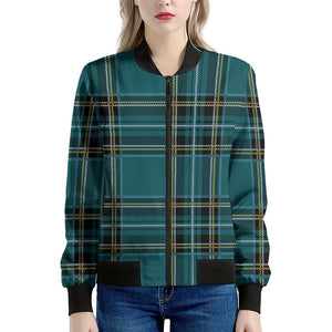 Teal Stewart Tartan Pattern Print Women's Bomber Jacket