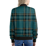 Teal Stewart Tartan Pattern Print Women's Bomber Jacket