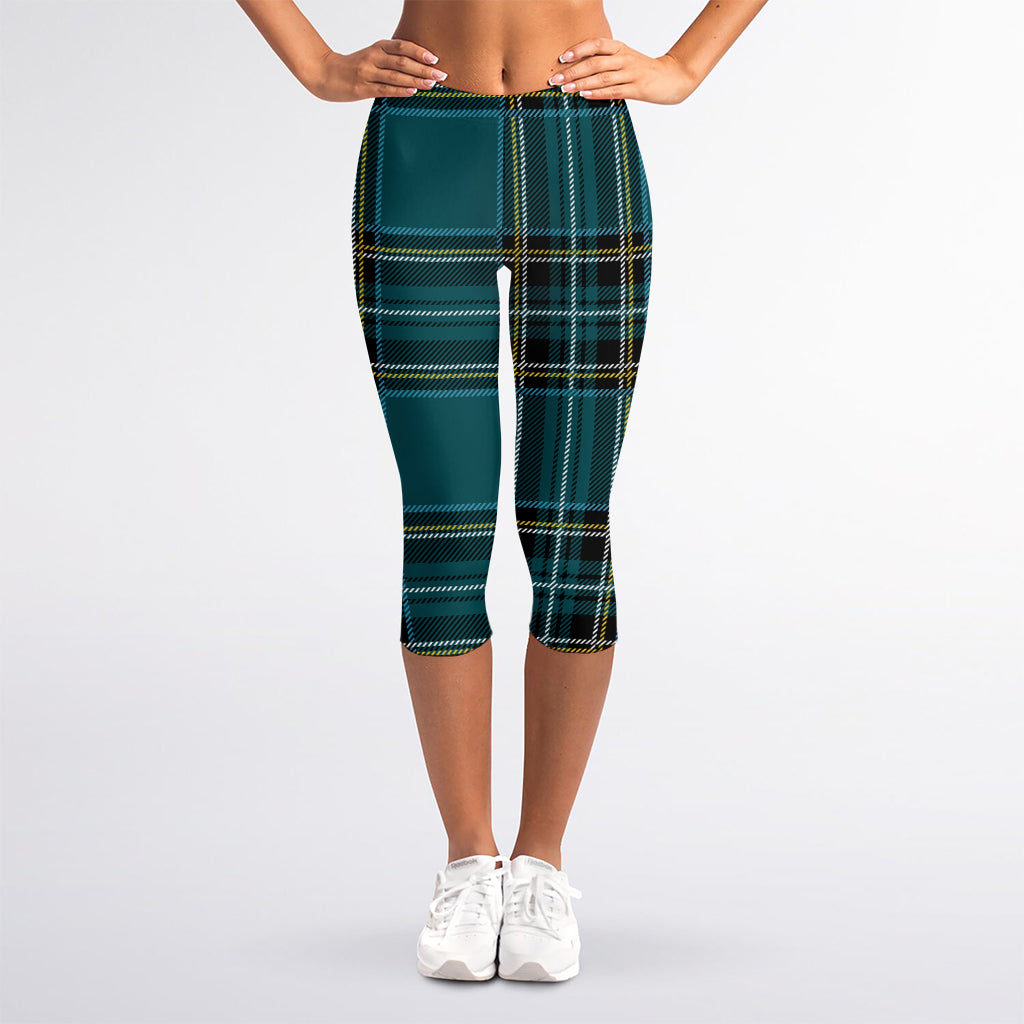 Teal Stewart Tartan Pattern Print Women's Capri Leggings