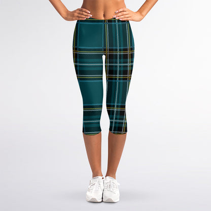 Teal Stewart Tartan Pattern Print Women's Capri Leggings