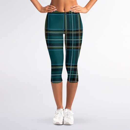 Teal Stewart Tartan Pattern Print Women's Capri Leggings