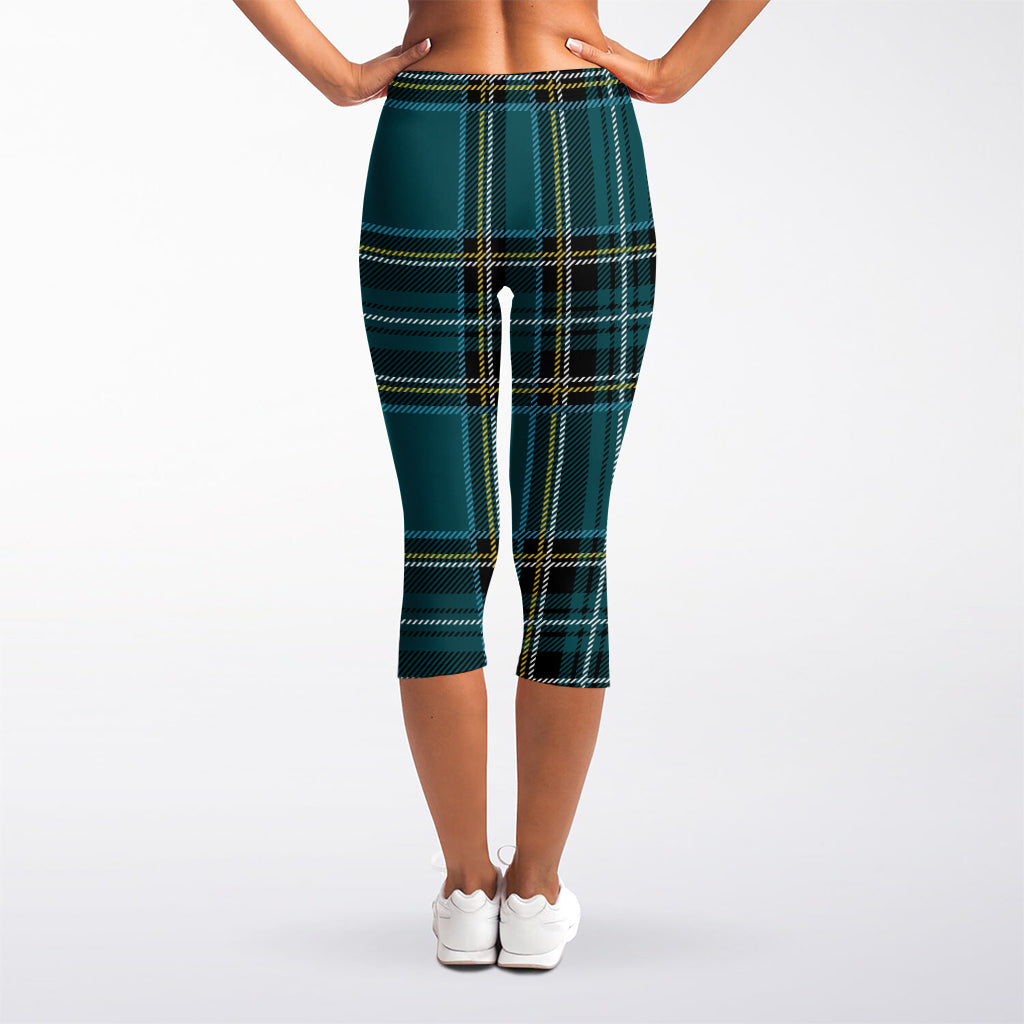 Teal Stewart Tartan Pattern Print Women's Capri Leggings