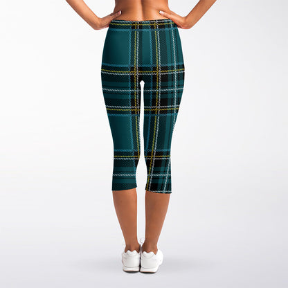Teal Stewart Tartan Pattern Print Women's Capri Leggings