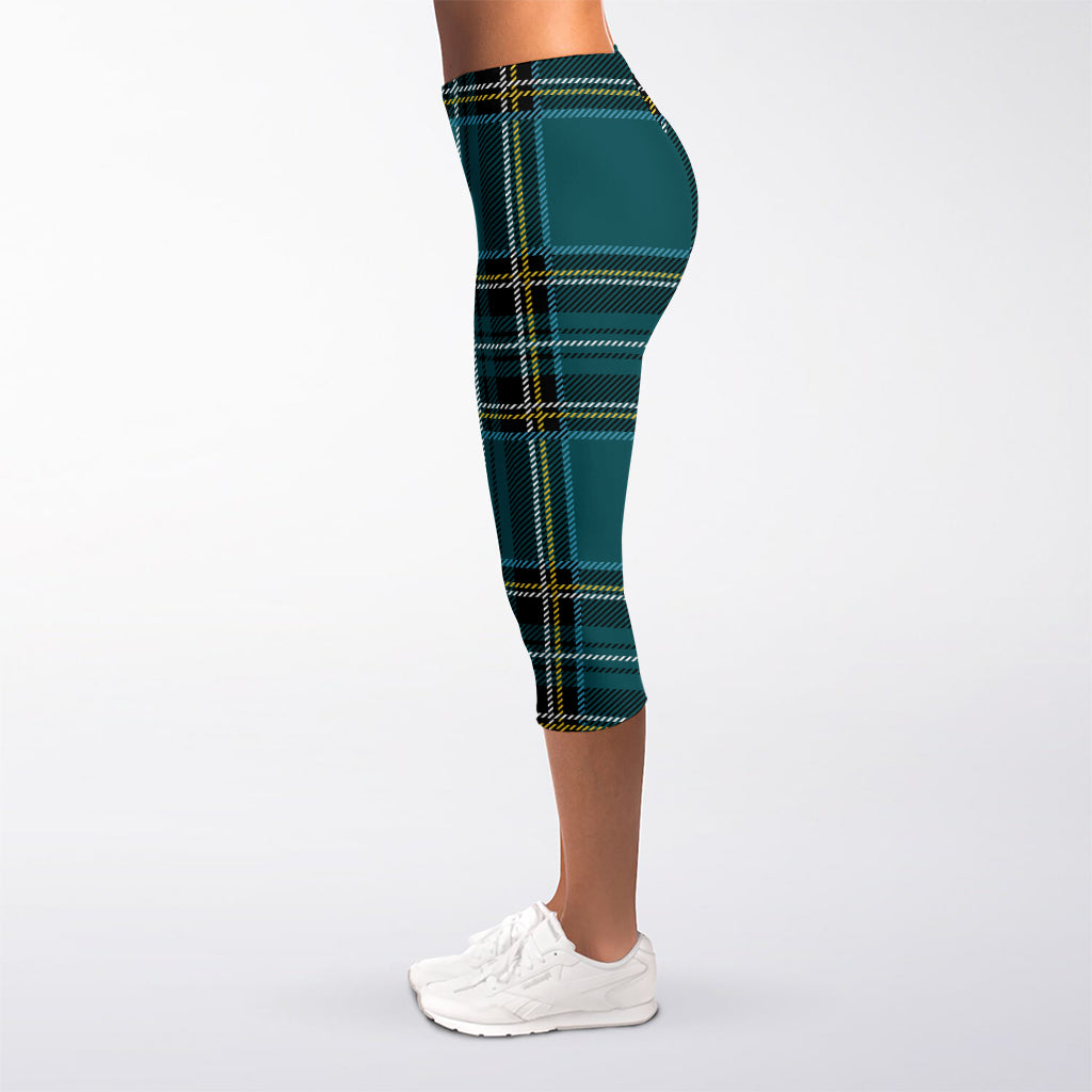 Teal Stewart Tartan Pattern Print Women's Capri Leggings
