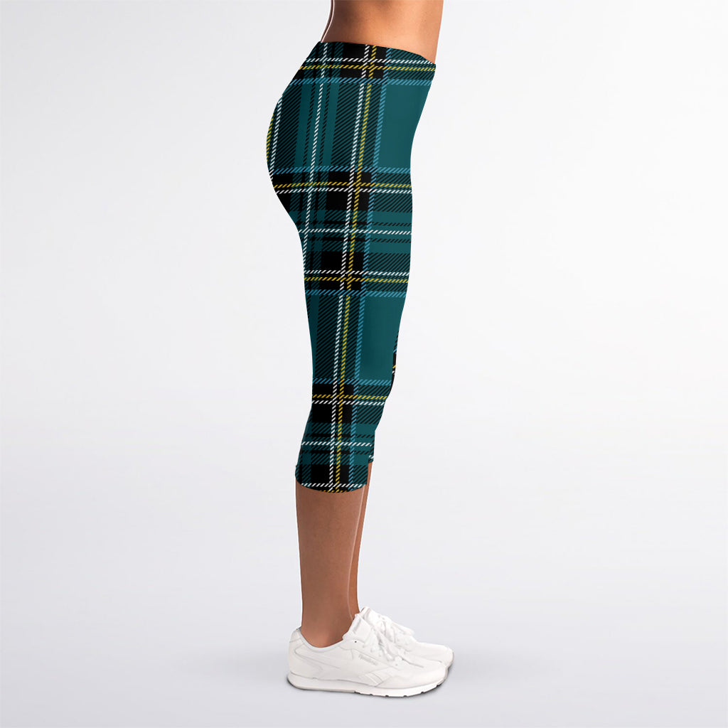 Teal Stewart Tartan Pattern Print Women's Capri Leggings
