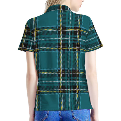 Teal Stewart Tartan Pattern Print Women's Polo Shirt