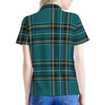 Teal Stewart Tartan Pattern Print Women's Polo Shirt