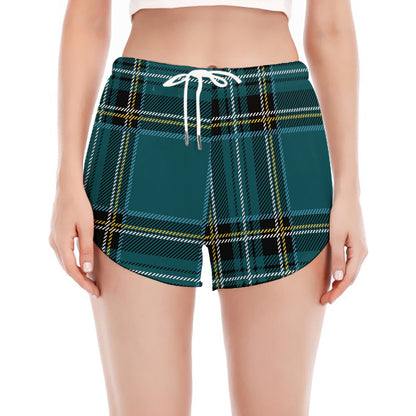 Teal Stewart Tartan Pattern Print Women's Split Running Shorts