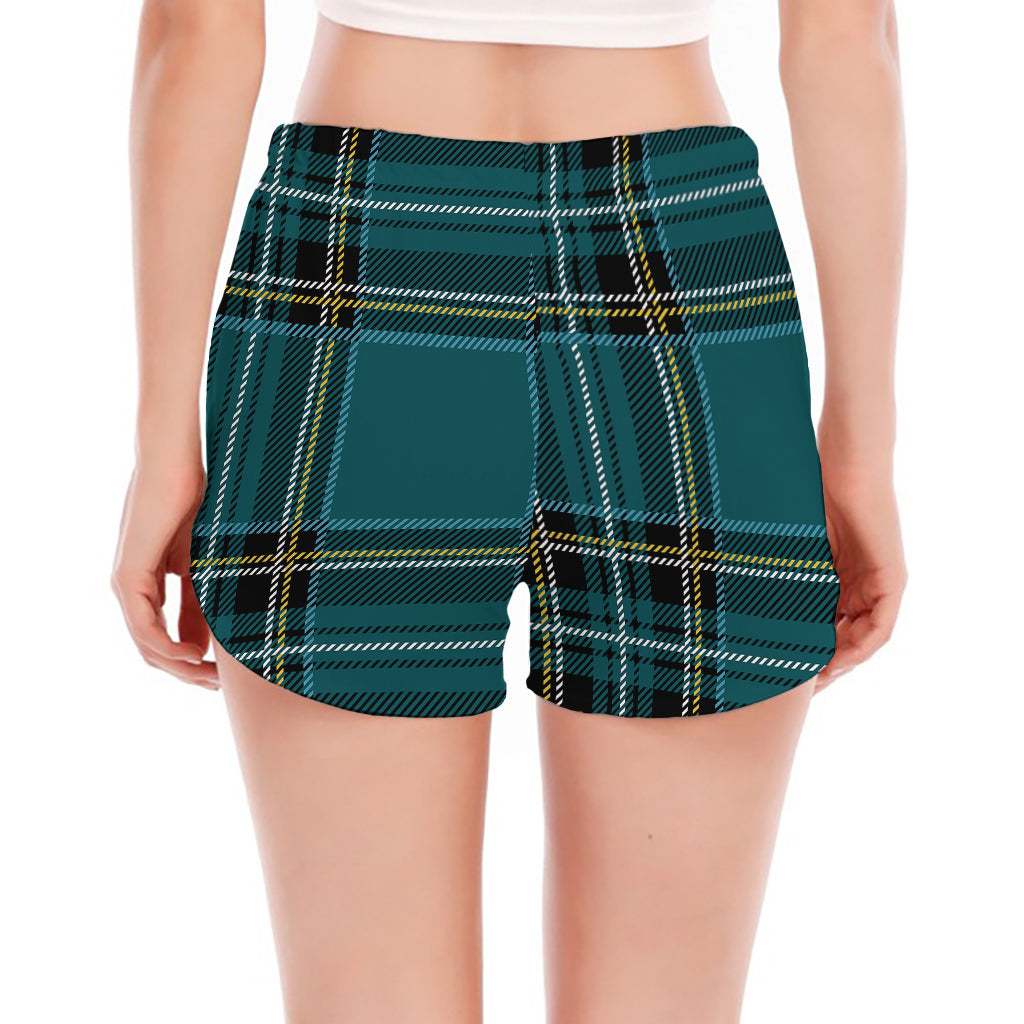 Teal Stewart Tartan Pattern Print Women's Split Running Shorts