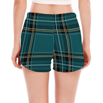 Teal Stewart Tartan Pattern Print Women's Split Running Shorts